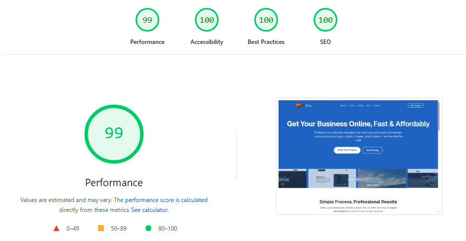 Lighthouse scores: 99 Performance, 100 Accessibility, 93 Best Practices, 100 SEO.